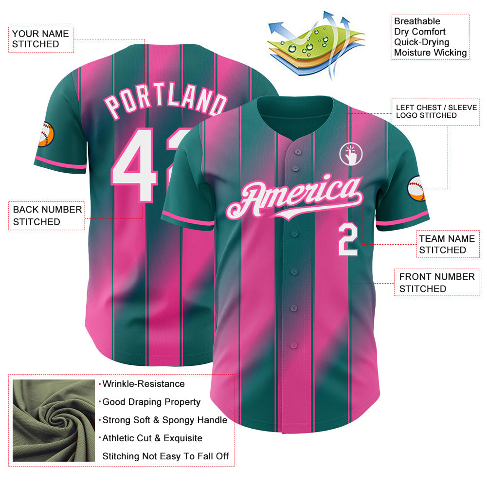 Custom Teal White-Pink Gradient Classic Vertical Stripe Authentic Baseball Jersey