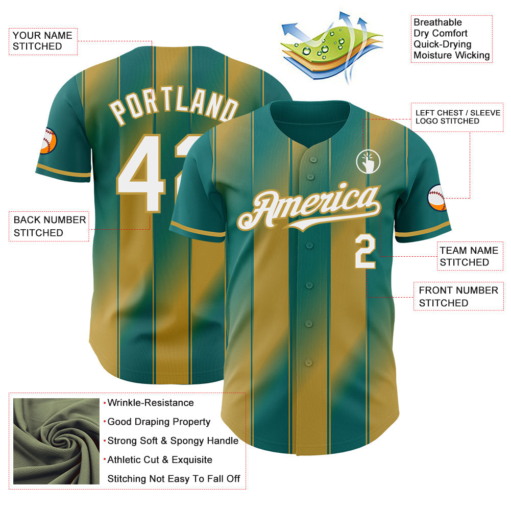 Custom Teal White-Old Gold Gradient Classic Vertical Stripe Authentic Baseball Jersey