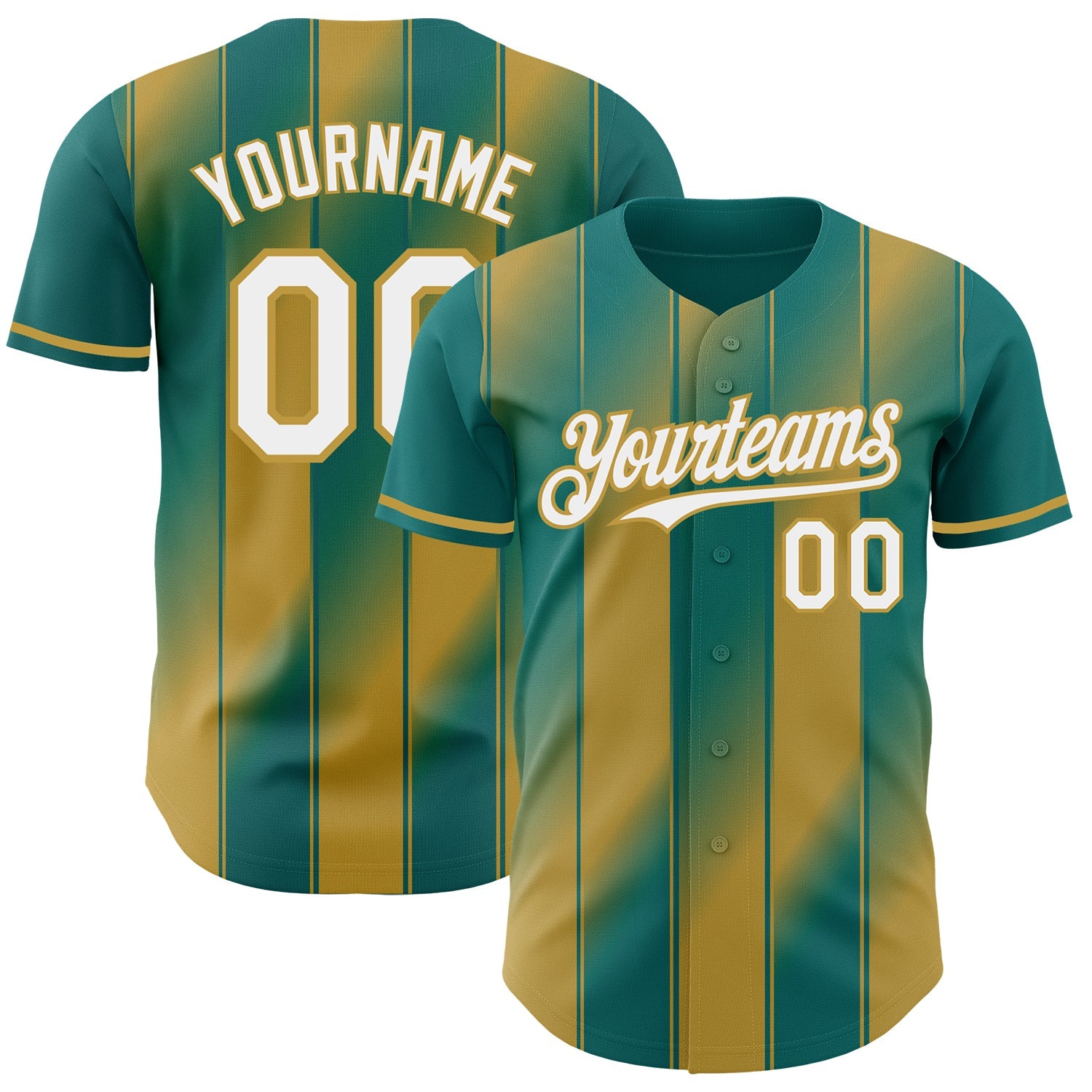 Custom Teal White-Old Gold Gradient Classic Vertical Stripe Authentic Baseball Jersey