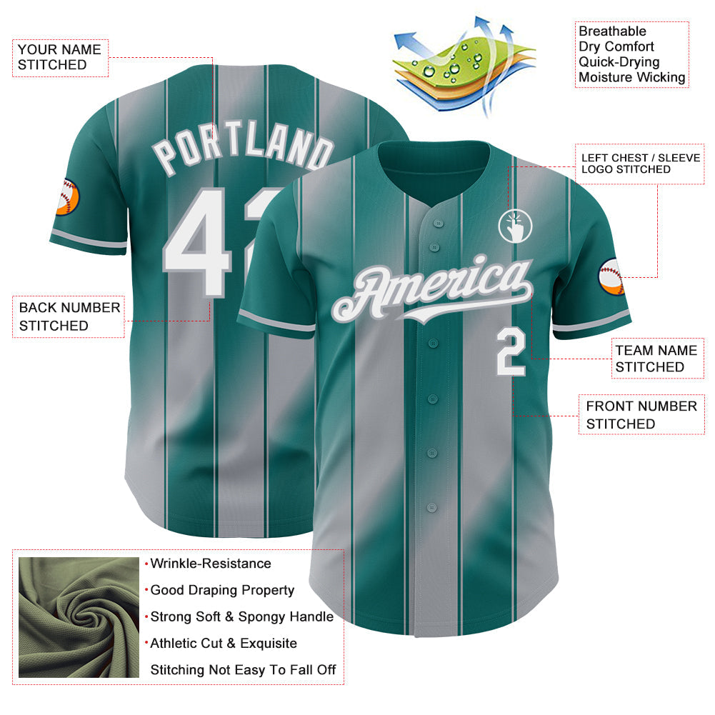 Custom Teal White-Gray Gradient Classic Vertical Stripe Authentic Baseball Jersey