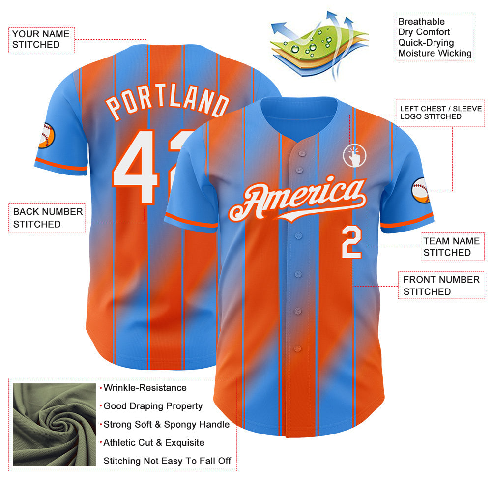 Custom Electric Blue White-Orange Gradient Classic Vertical Stripe Authentic Baseball Jersey