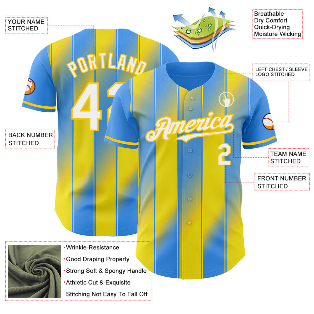 Custom Electric Blue White-Yellow Gradient Classic Vertical Stripe Authentic Baseball Jersey