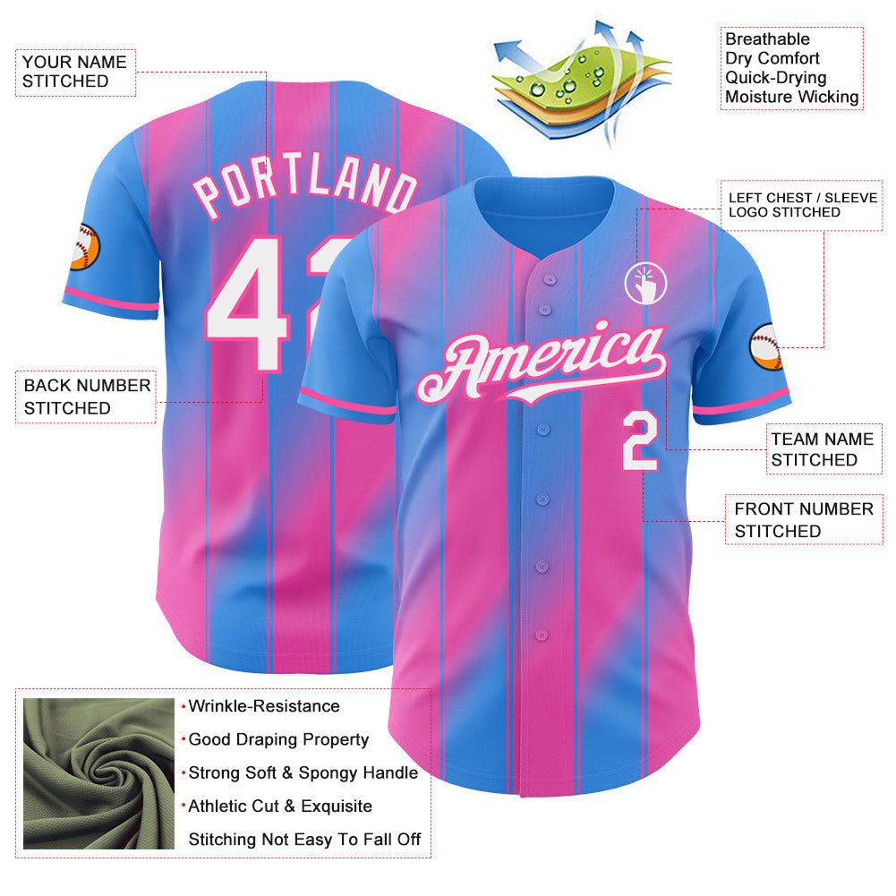 Custom Electric Blue White-Pink Gradient Classic Vertical Stripe Authentic Baseball Jersey