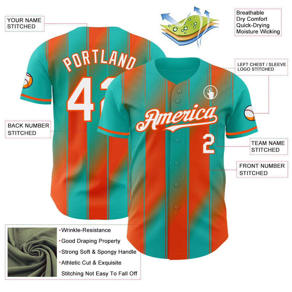 Custom Aqua White-Orange Gradient Classic Vertical Stripe Authentic Baseball Jersey