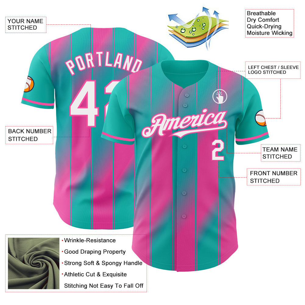Custom Aqua White-Pink Gradient Classic Vertical Stripe Authentic Baseball Jersey
