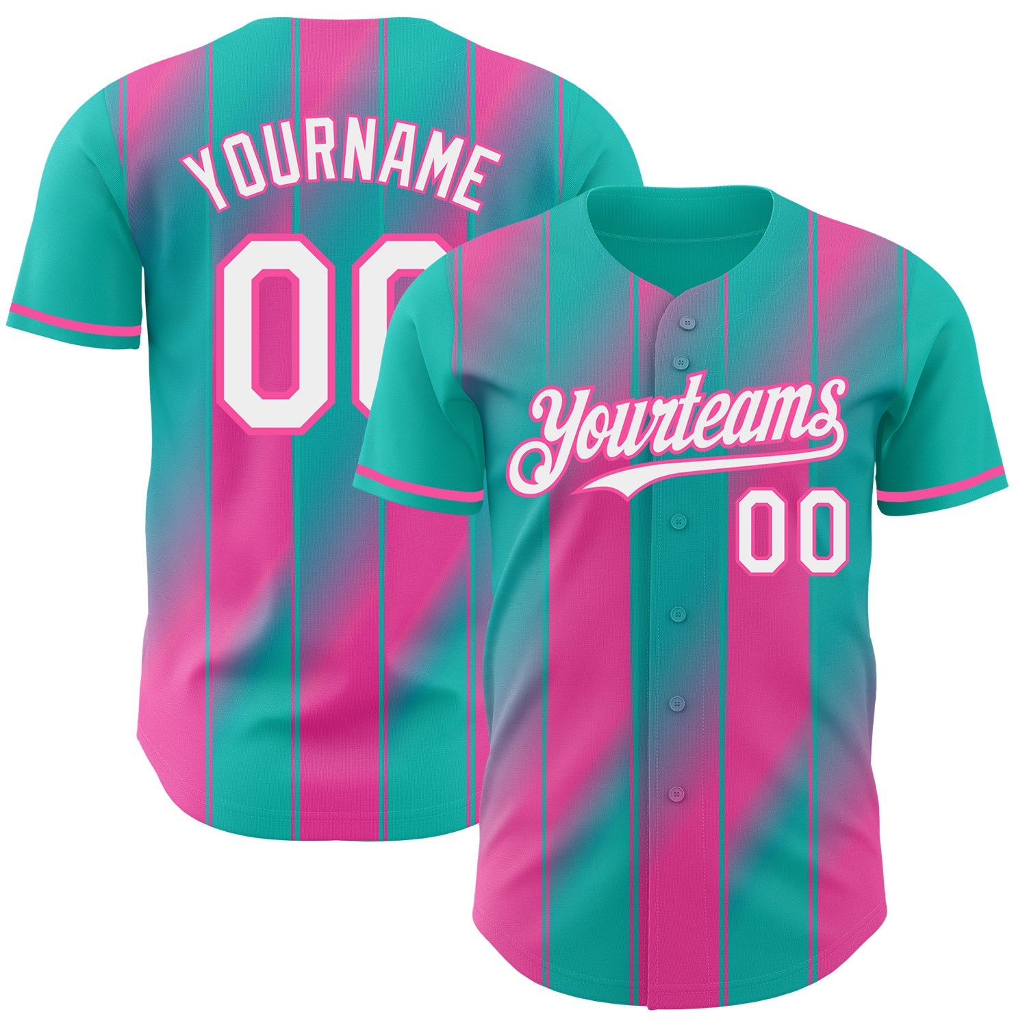 Custom Aqua White-Pink Gradient Classic Vertical Stripe Authentic Baseball Jersey