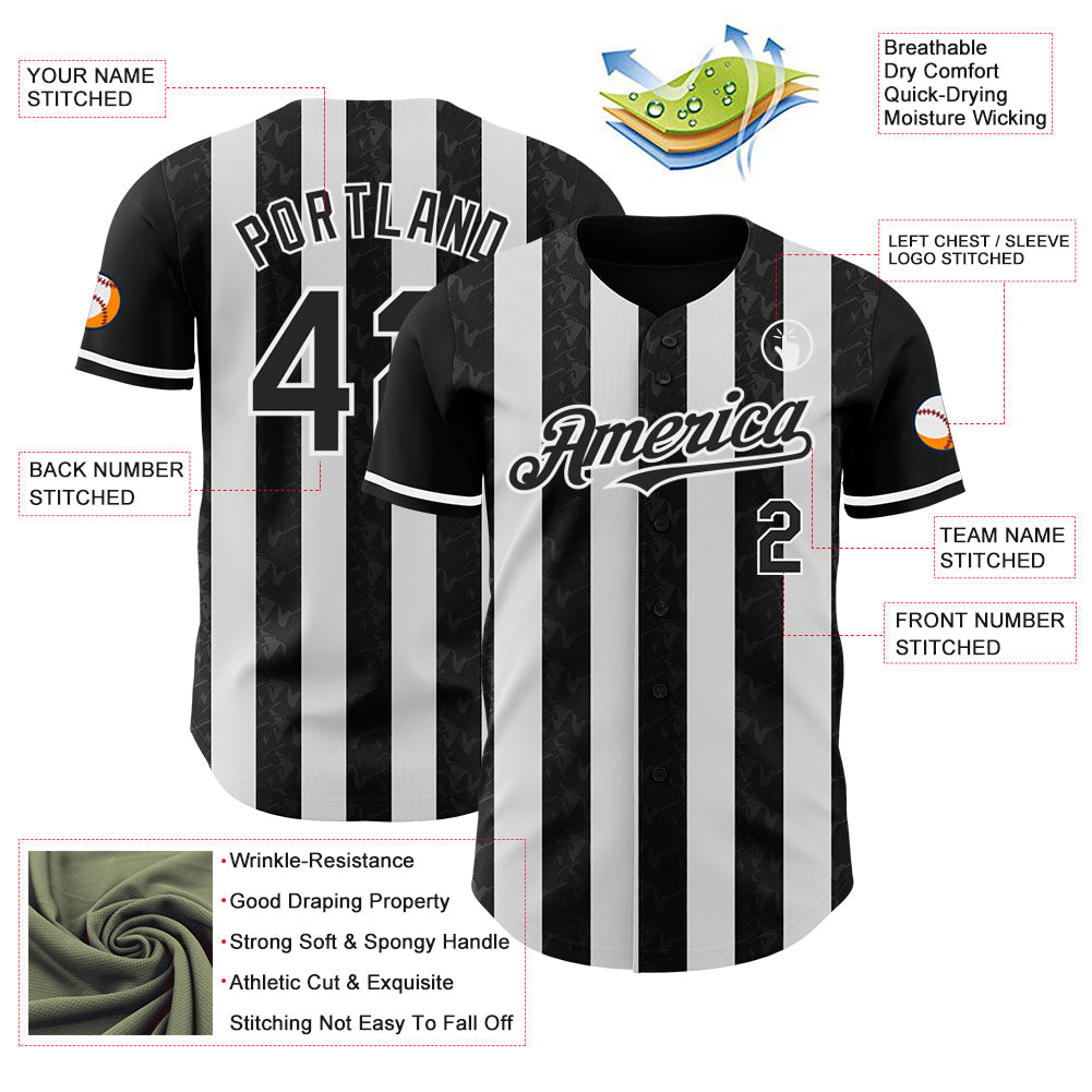 Custom Black-White Classic Vertical Stripe Fluid Liquid Texture Authentic Baseball Jersey