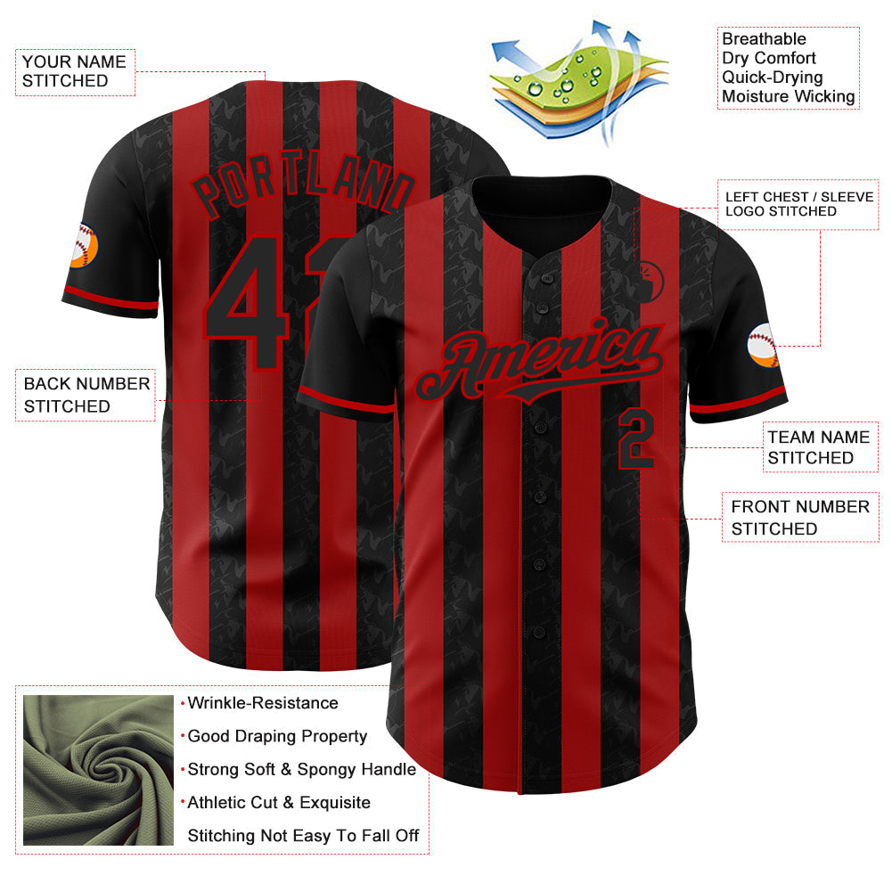 Custom Black-Red Classic Vertical Stripe Fluid Liquid Texture Authentic Baseball Jersey