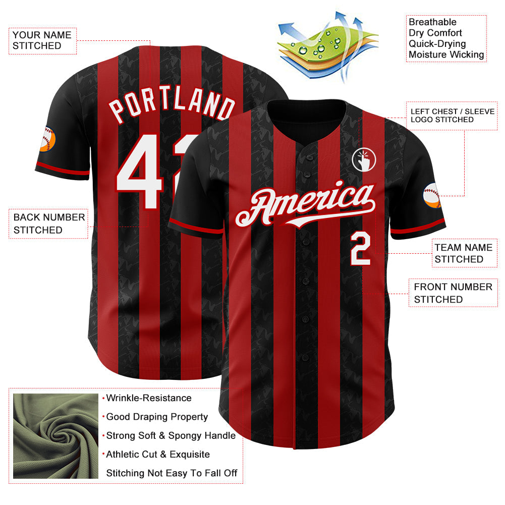 Custom Black White-Red Classic Vertical Stripe Fluid Liquid Texture Authentic Baseball Jersey