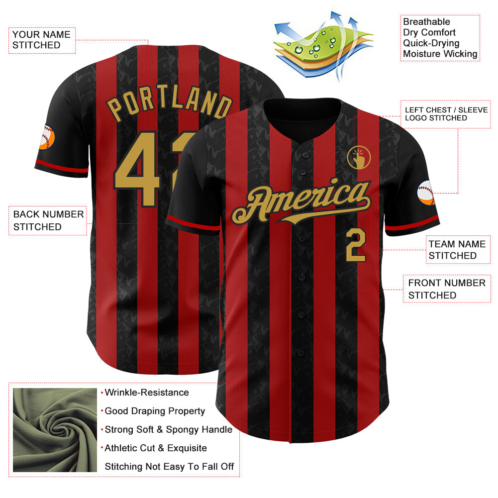 Custom Black Old Gold-Red Classic Vertical Stripe Fluid Liquid Texture Authentic Baseball Jersey