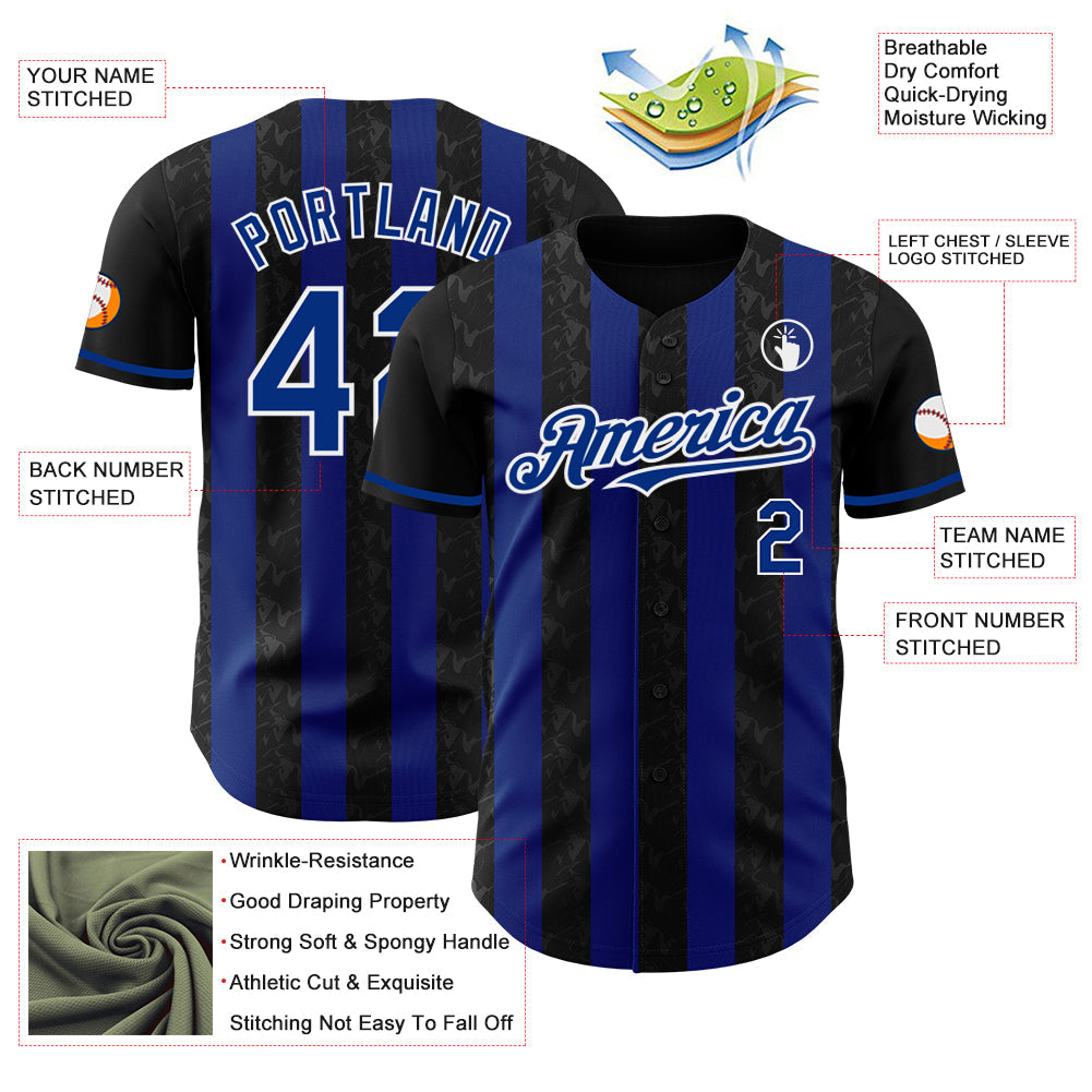 Custom Black Royal-White Classic Vertical Stripe Fluid Liquid Texture Authentic Baseball Jersey