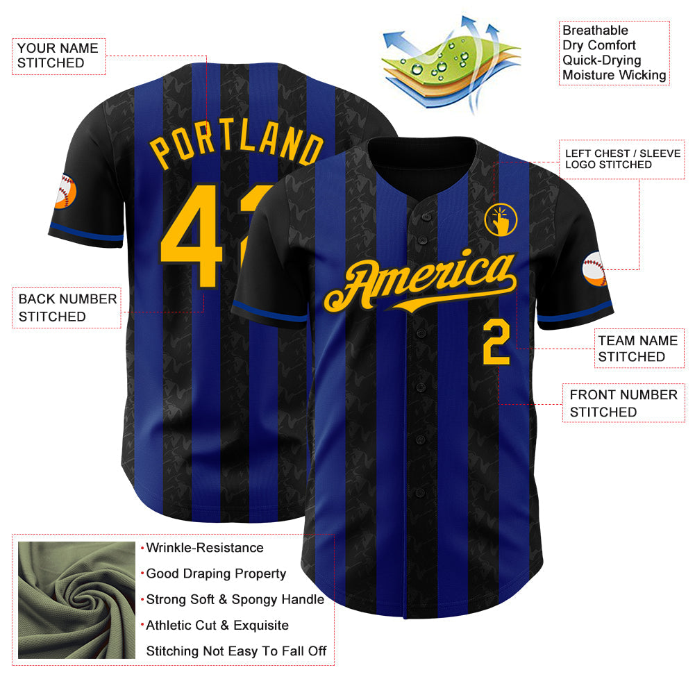 Custom Black Gold-Royal Classic Vertical Stripe Fluid Liquid Texture Authentic Baseball Jersey