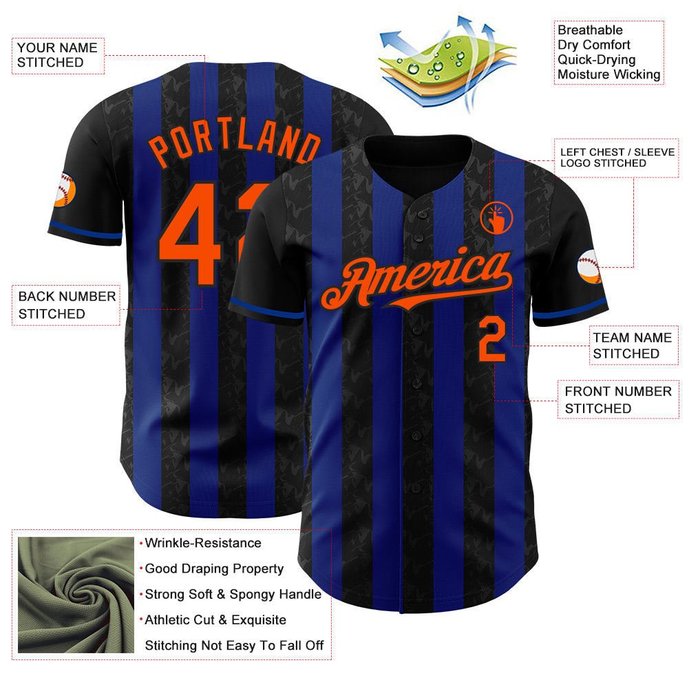 Custom Black Orange-Royal Classic Vertical Stripe Fluid Liquid Texture Authentic Baseball Jersey
