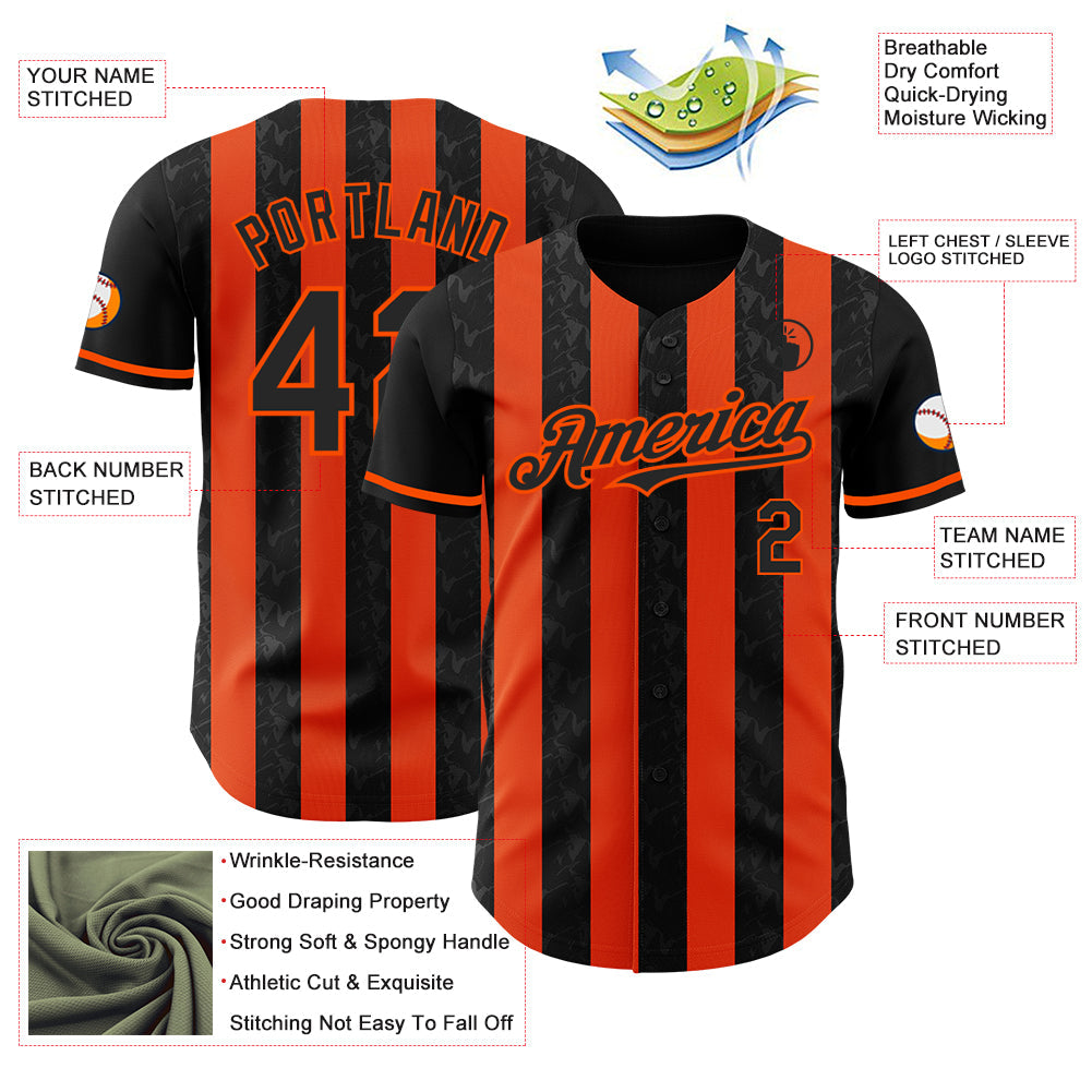 Custom Black-Orange Classic Vertical Stripe Fluid Liquid Texture Authentic Baseball Jersey