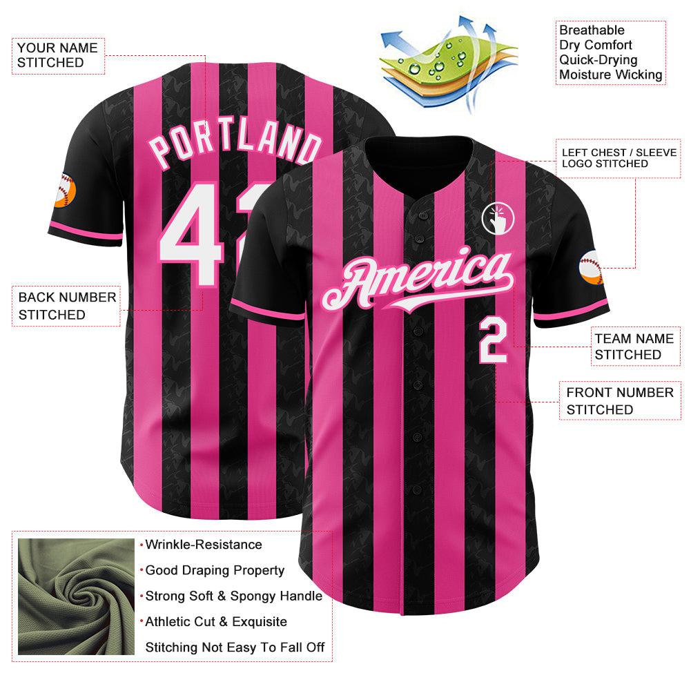 Custom Black White-Pink Classic Vertical Stripe Fluid Liquid Texture Authentic Baseball Jersey