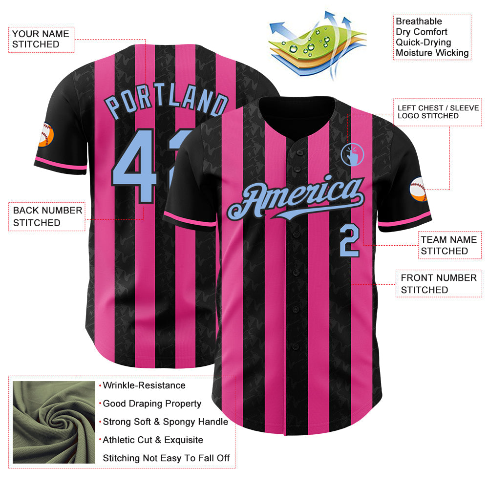 Custom Black Light Blue-Pink Classic Vertical Stripe Fluid Liquid Texture Authentic Baseball Jersey