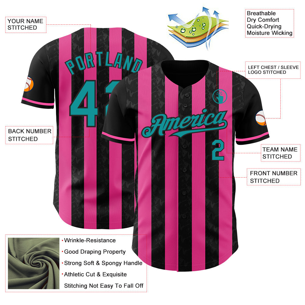Custom Black Teal-Pink Classic Vertical Stripe Fluid Liquid Texture Authentic Baseball Jersey