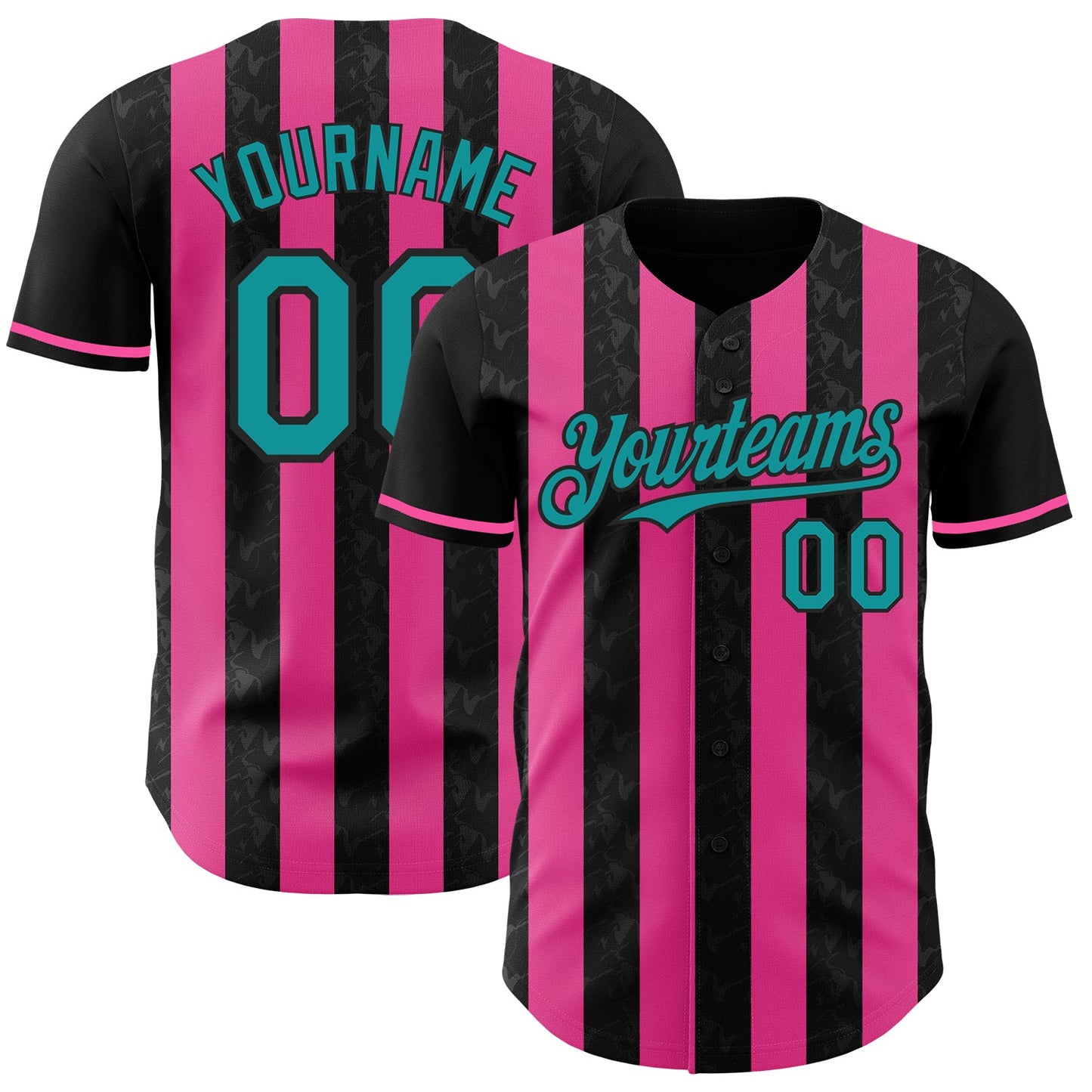 Custom Black Teal-Pink Classic Vertical Stripe Fluid Liquid Texture Authentic Baseball Jersey