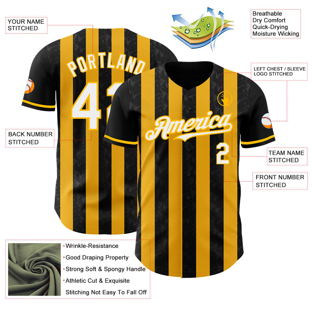 Custom Black White-Gold Classic Vertical Stripe Fluid Liquid Texture Authentic Baseball Jersey