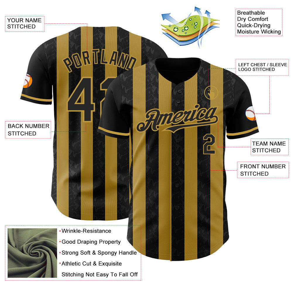Custom Black-Old Gold Classic Vertical Stripe Fluid Liquid Texture Authentic Baseball Jersey