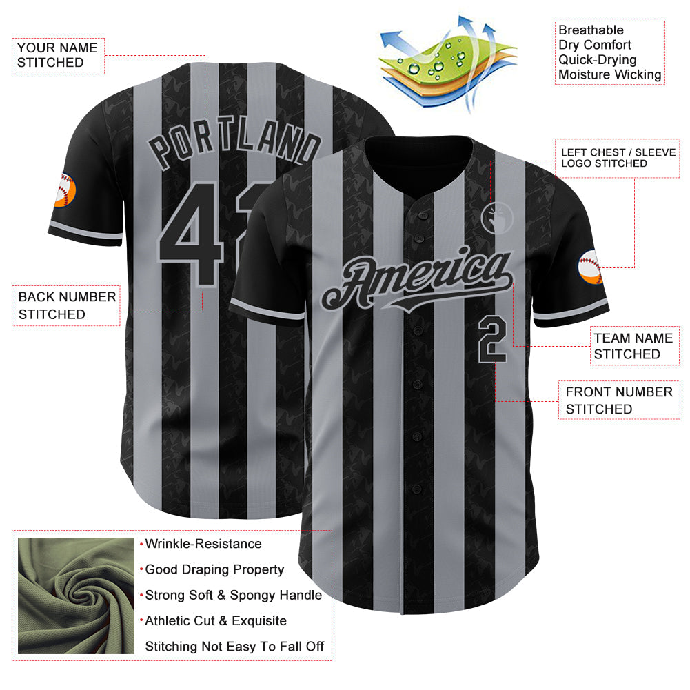 Custom Black-Gray Classic Vertical Stripe Fluid Liquid Texture Authentic Baseball Jersey