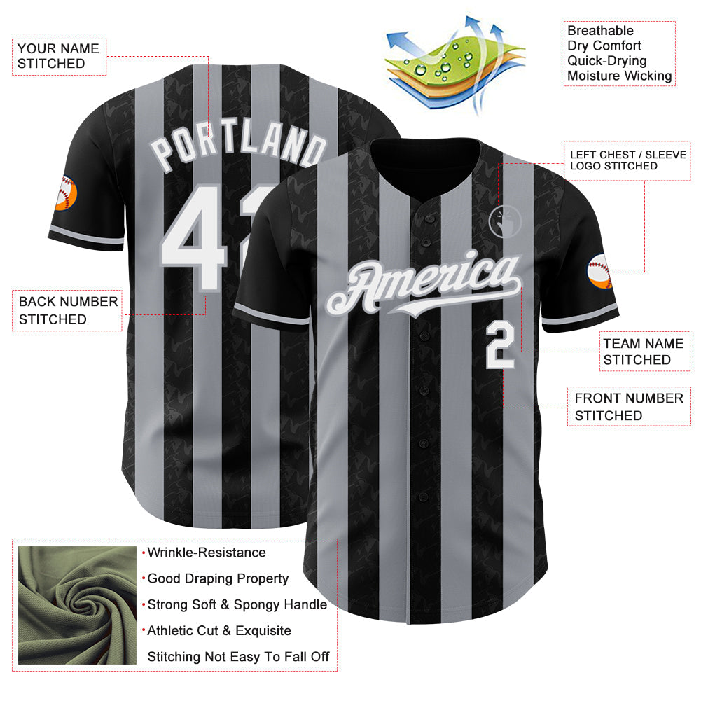 Custom Black White-Gray Classic Vertical Stripe Fluid Liquid Texture Authentic Baseball Jersey