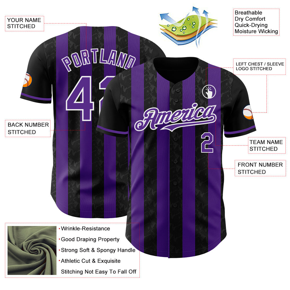 Custom Black Purple-White Classic Vertical Stripe Fluid Liquid Texture Authentic Baseball Jersey