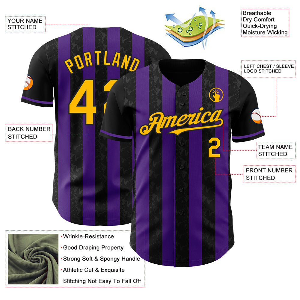Custom Black Gold-Purple Classic Vertical Stripe Fluid Liquid Texture Authentic Baseball Jersey
