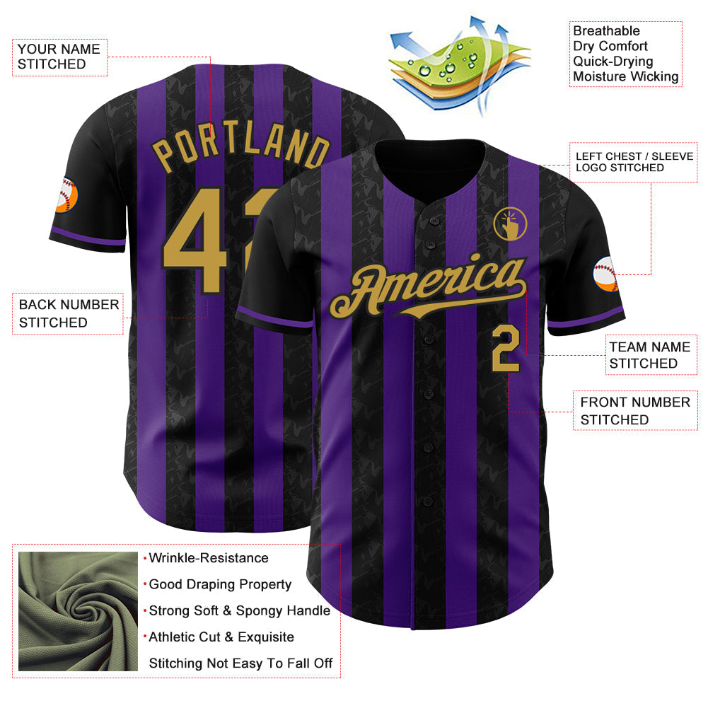 Custom Black Old Gold-Purple Classic Vertical Stripe Fluid Liquid Texture Authentic Baseball Jersey