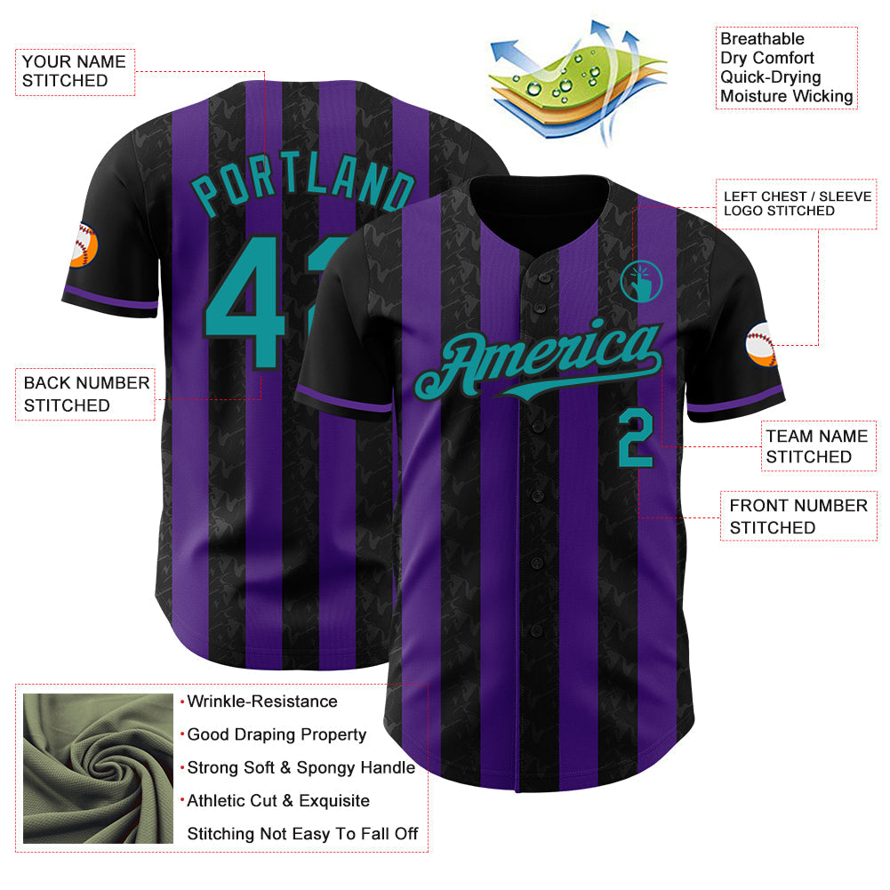 Custom Black Teal-Purple Classic Vertical Stripe Fluid Liquid Texture Authentic Baseball Jersey