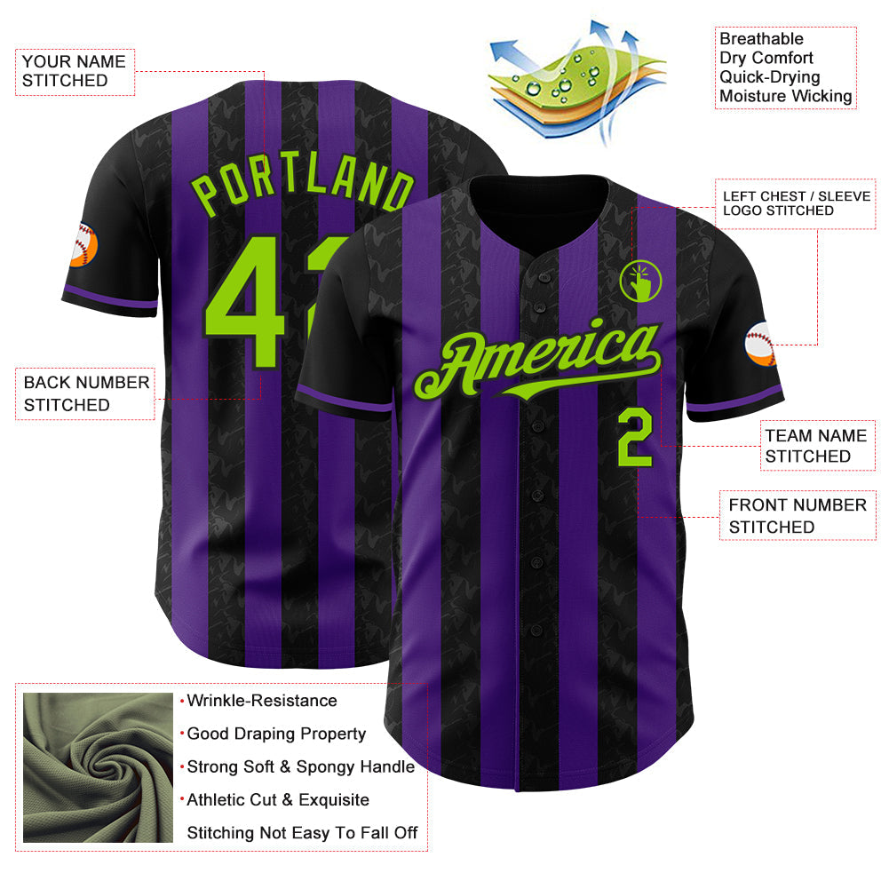 Custom Black Neon Green-Purple Classic Vertical Stripe Fluid Liquid Texture Authentic Baseball Jersey