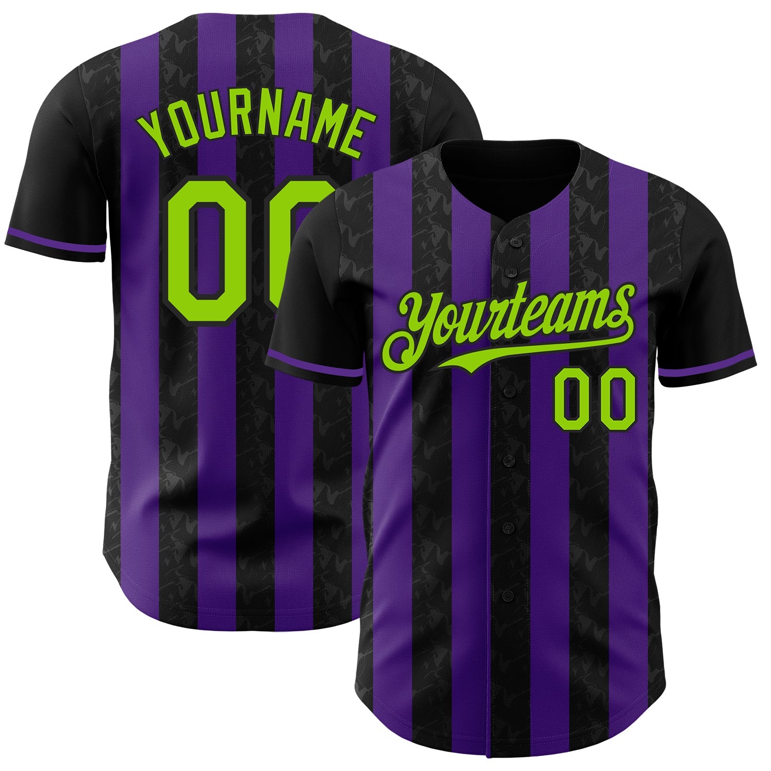 Custom Black Neon Green-Purple Classic Vertical Stripe Fluid Liquid Texture Authentic Baseball Jersey