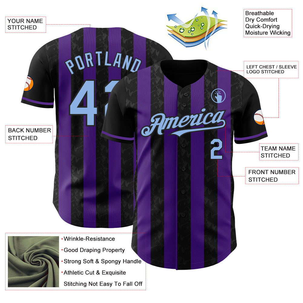 Custom Black Light Blue-Purple Classic Vertical Stripe Fluid Liquid Texture Authentic Baseball Jersey