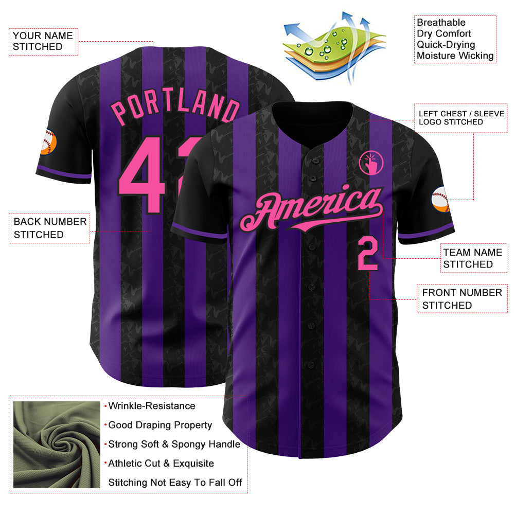 Custom Black Pink-Purple Classic Vertical Stripe Fluid Liquid Texture Authentic Baseball Jersey