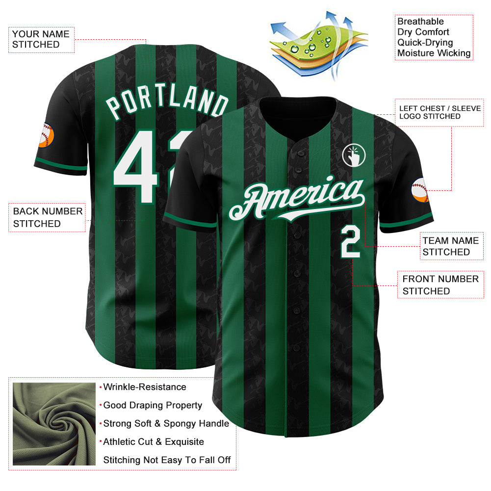 Custom Black White-Kelly Green Classic Vertical Stripe Fluid Liquid Texture Authentic Baseball Jersey