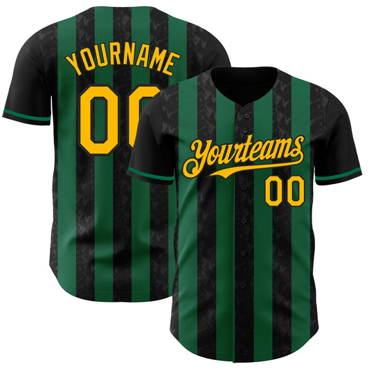 Custom Black Gold-Kelly Green Classic Vertical Stripe Fluid Liquid Texture Authentic Baseball Jersey
