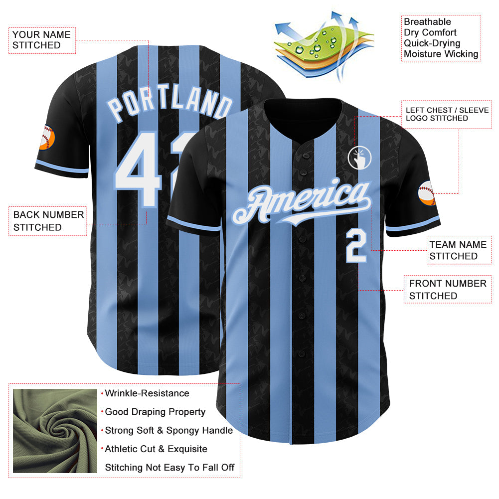 Custom Black White-Light Blue Classic Vertical Stripe Fluid Liquid Texture Authentic Baseball Jersey