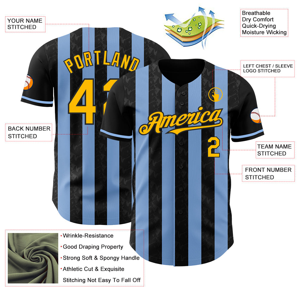 Custom Black Gold-Light Blue Classic Vertical Stripe Fluid Liquid Texture Authentic Baseball Jersey