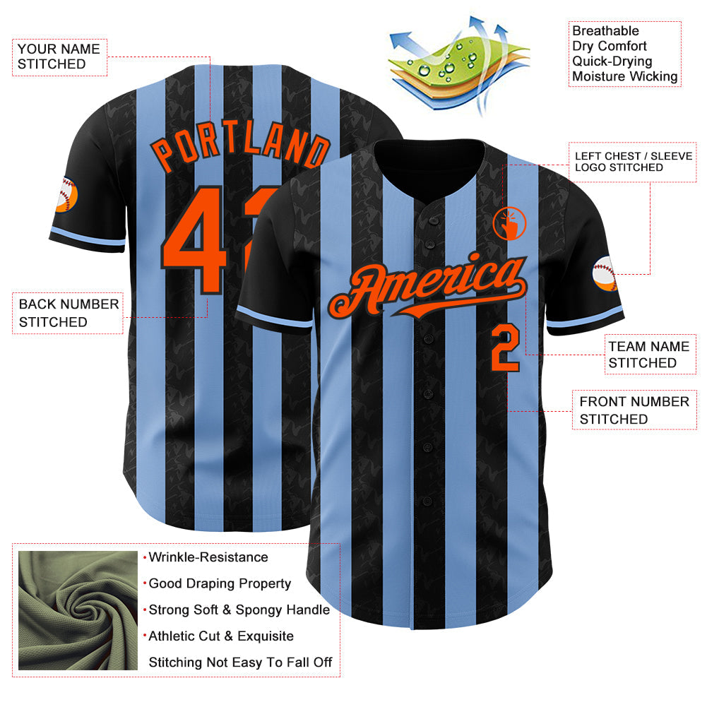 Custom Black Orange-Light Blue Classic Vertical Stripe Fluid Liquid Texture Authentic Baseball Jersey