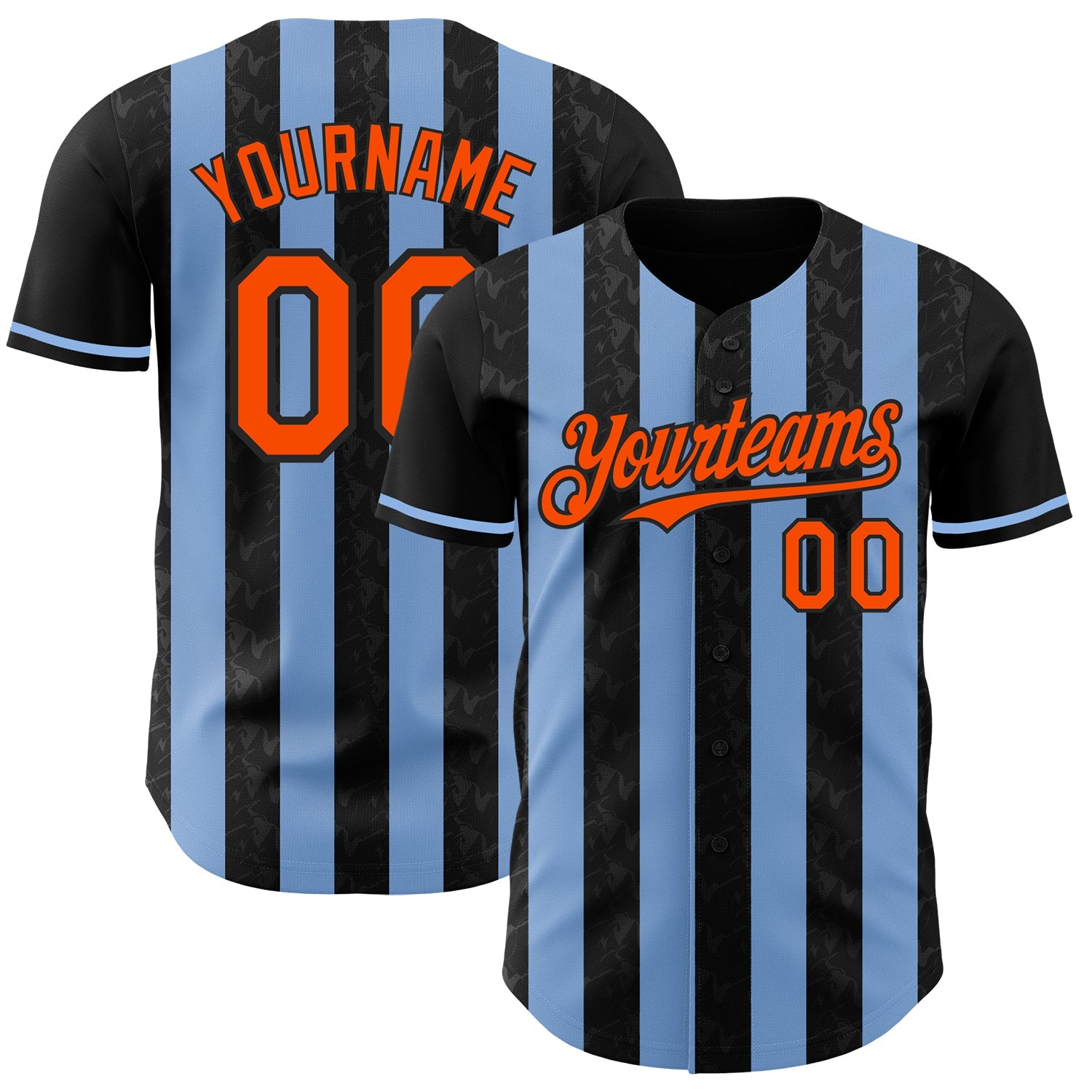 Custom Black Orange-Light Blue Classic Vertical Stripe Fluid Liquid Texture Authentic Baseball Jersey