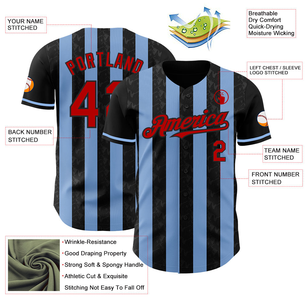 Custom Black Red-Light Blue Classic Vertical Stripe Fluid Liquid Texture Authentic Baseball Jersey