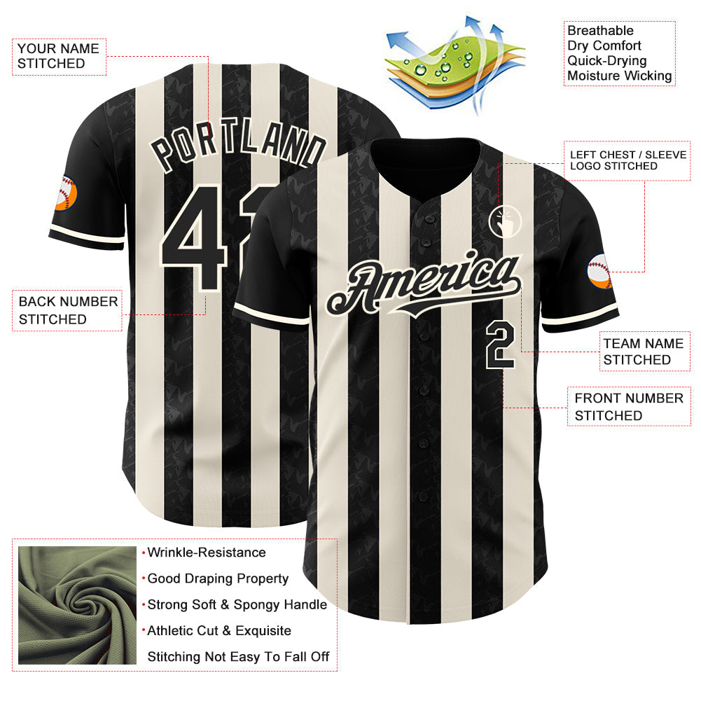 Custom Black Cream-Cream Classic Vertical Stripe Fluid Liquid Texture Authentic Baseball Jersey