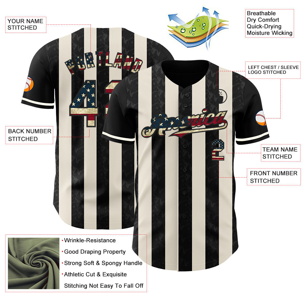 Custom Black Vintage USA Flag-Cream Classic Vertical Stripe Fluid Liquid Texture Authentic Baseball Jersey