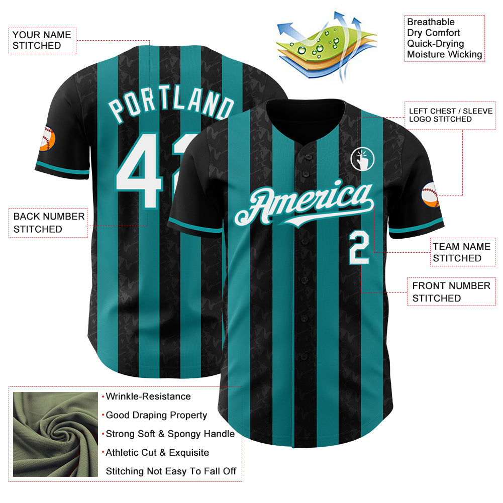 Custom Black White-Teal Classic Vertical Stripe Fluid Liquid Texture Authentic Baseball Jersey