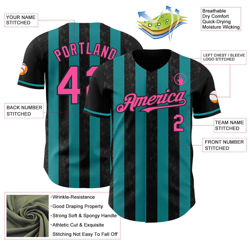 Custom Black Pink-Teal Classic Vertical Stripe Fluid Liquid Texture Authentic Baseball Jersey