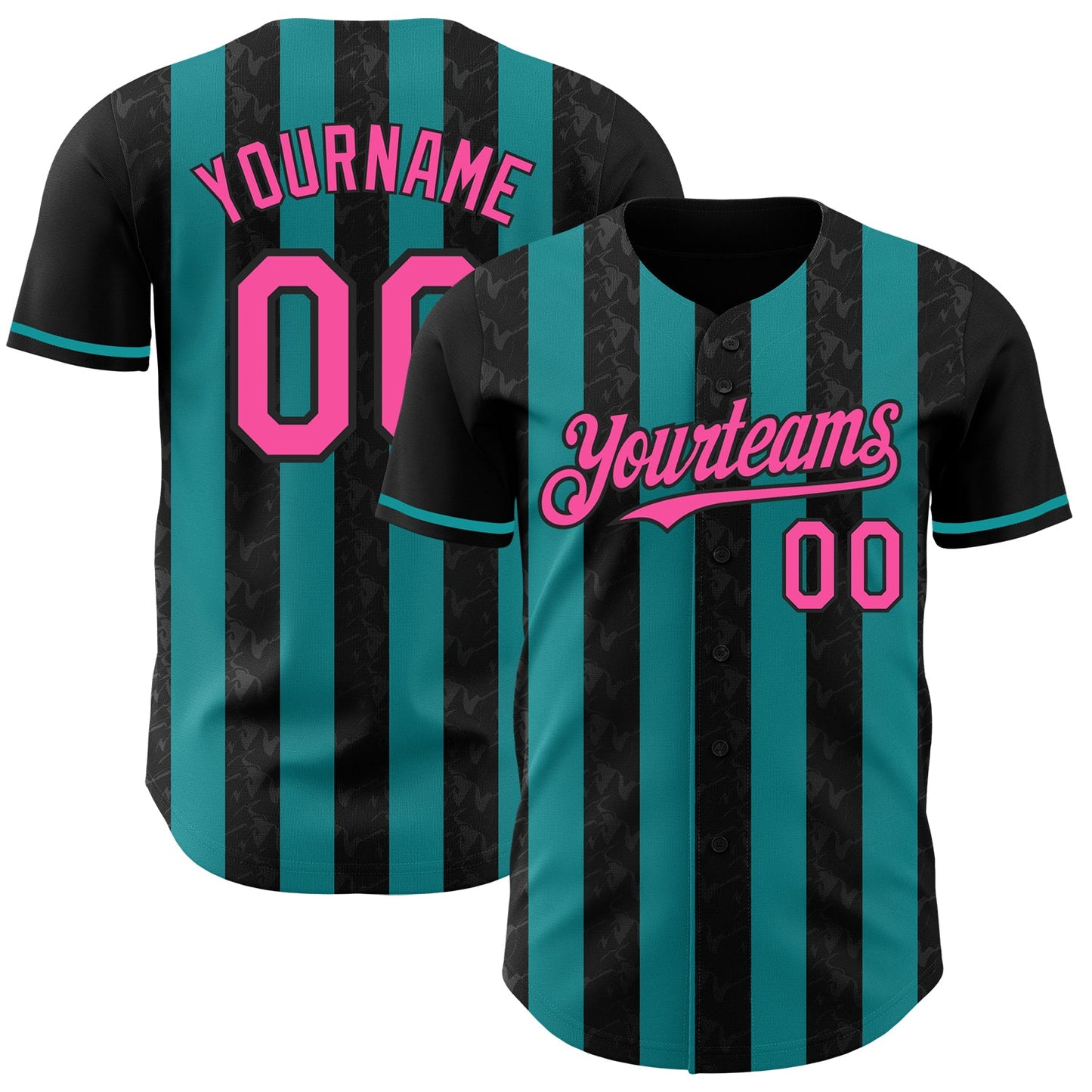Custom Black Pink-Teal Classic Vertical Stripe Fluid Liquid Texture Authentic Baseball Jersey