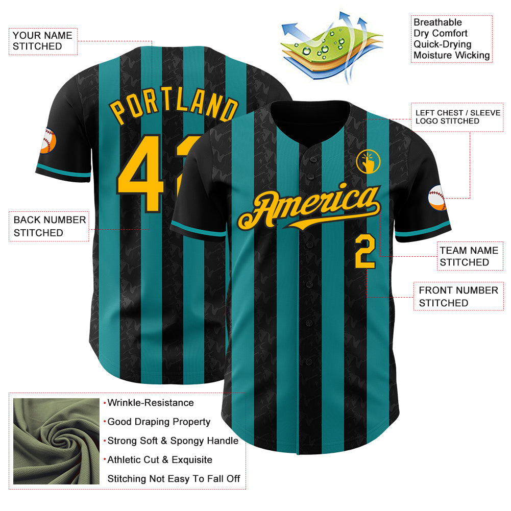 Custom Black Gold-Teal Classic Vertical Stripe Fluid Liquid Texture Authentic Baseball Jersey