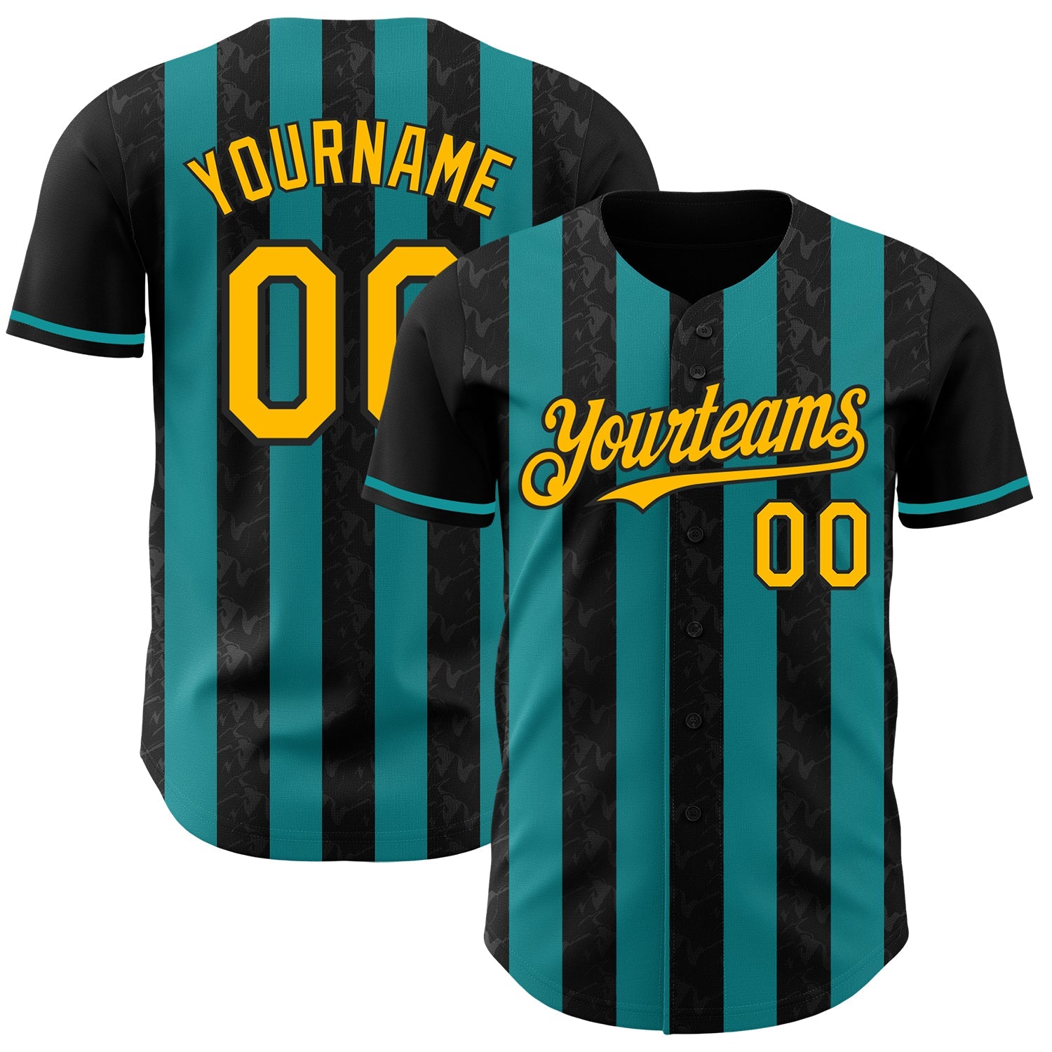 Custom Black Gold-Teal Classic Vertical Stripe Fluid Liquid Texture Authentic Baseball Jersey