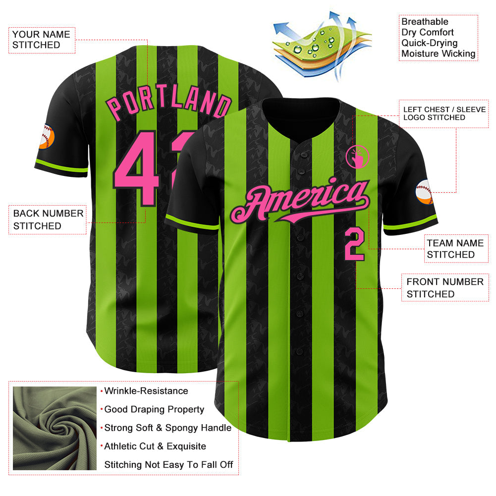 Custom Black Pink-Neon Green Classic Vertical Stripe Fluid Liquid Texture Authentic Baseball Jersey