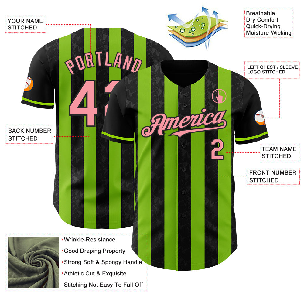 Custom Black Medium Pink-Neon Green Classic Vertical Stripe Fluid Liquid Texture Authentic Baseball Jersey